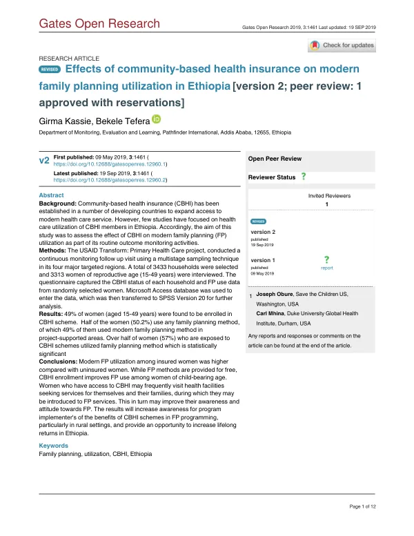 Effects of community-based health insurance on modern family planning utilization in Ethiopia