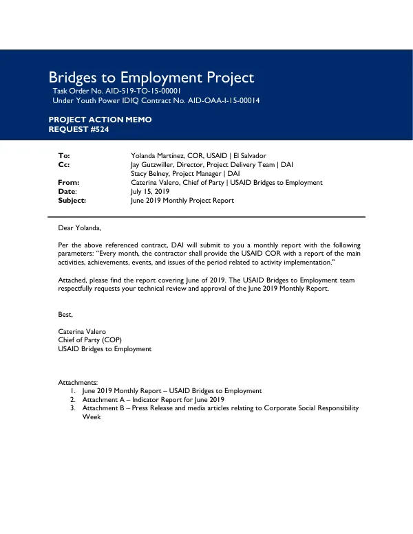 June 2019 Monthly Report: Bridges to Employment Project