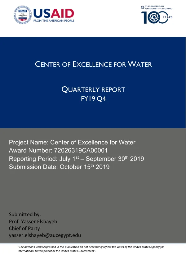 Quarterly Report FY19 Q4: Center of Excellence for Water