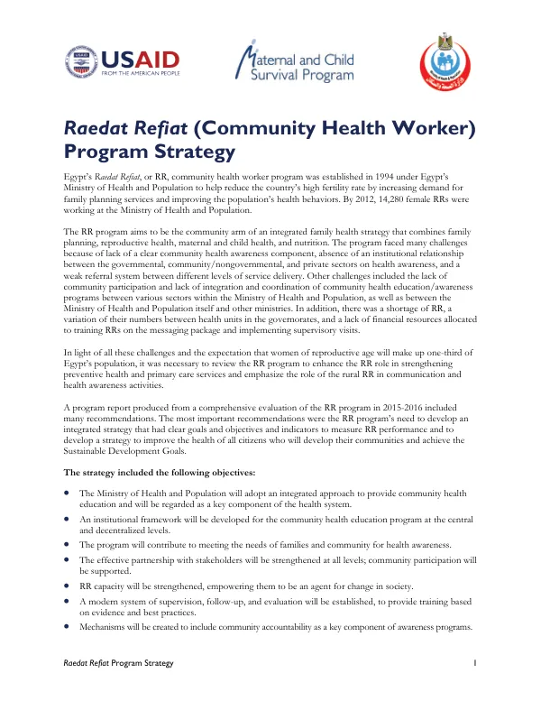 Raedat Refiat (Community Health Worker) Program Strategy