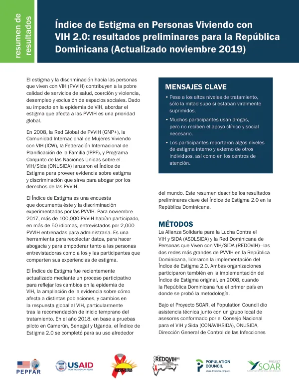 Índice de Estigma en Personas Viviendo con VIH 2.0: resultados preliminares para la República Dominicana