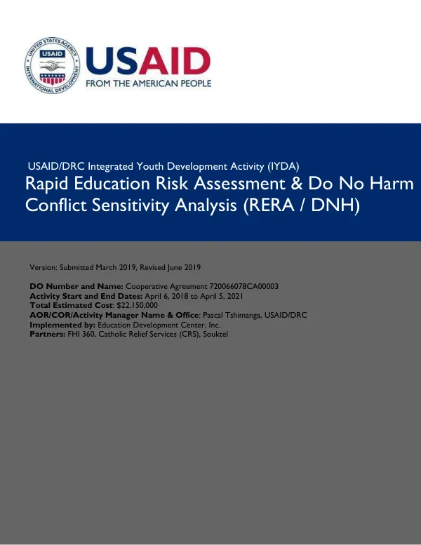 USAID/DRC Integrated Youth Development Activity: Rapid Education Risk Assessment & Do No Harm Conflict Sensitivity Analysis (RERA / DNH)