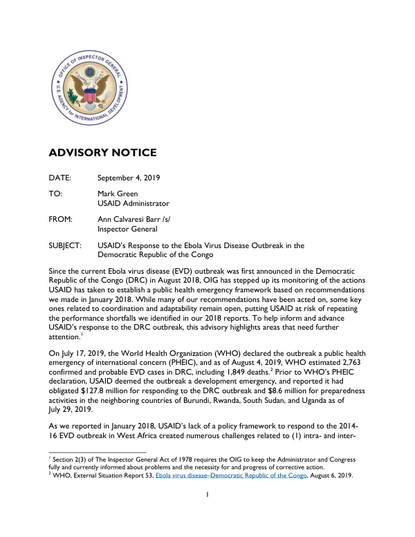USAID’s Response to the Ebola Virus Disease Outbreak in the Democratic Republic of the Congo
