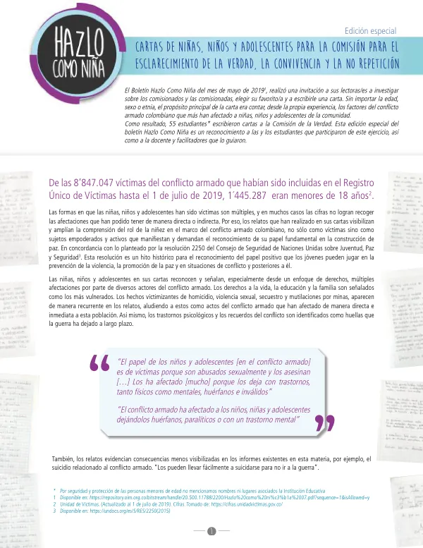 Cartas de Niñas, niños y adolescentes a la Comisión para el Esclarecimiento de la Verdad, la Convivencia y la No Repetición