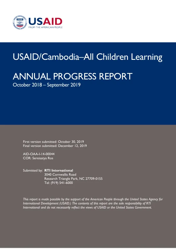 Annual Progress Report: USAID/Cambodia–All Children Learning