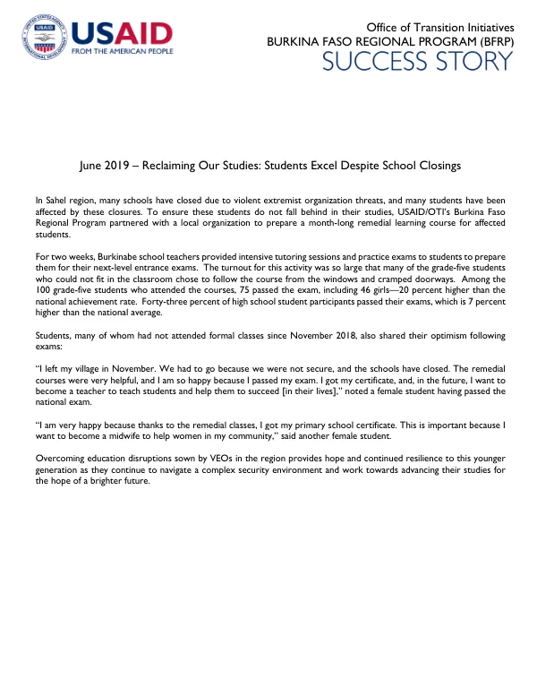 USAID Snapshot Template - Success Story: Reclaiming Our Studies: Students Excel Despite School Closings
