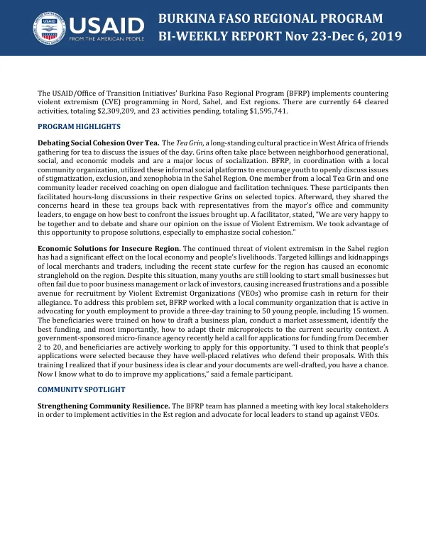 Burkina Faso Regional Program Bi-Weekly Report