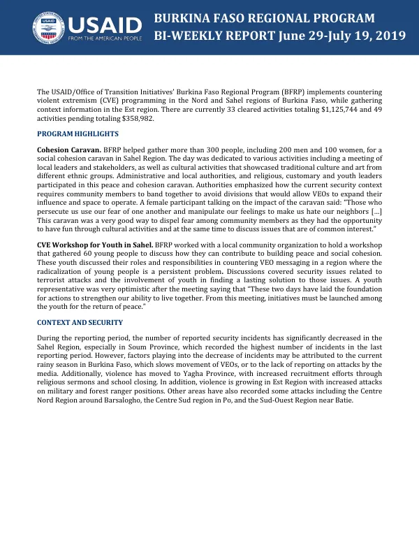 Burkina Faso Regional Program Bi-Weekly Report