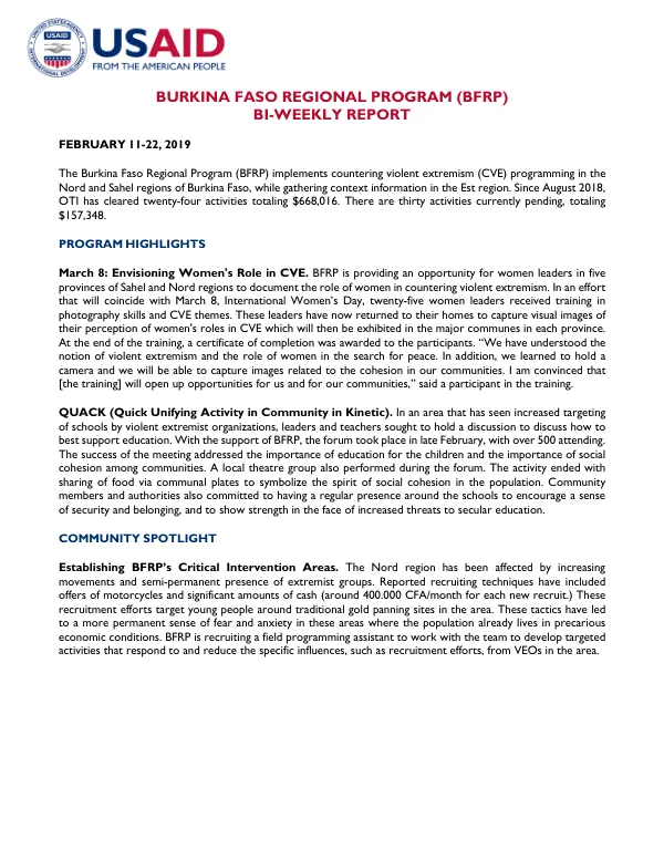 Burkina Faso Regional Program (BFRP) Bi-Weekly Report