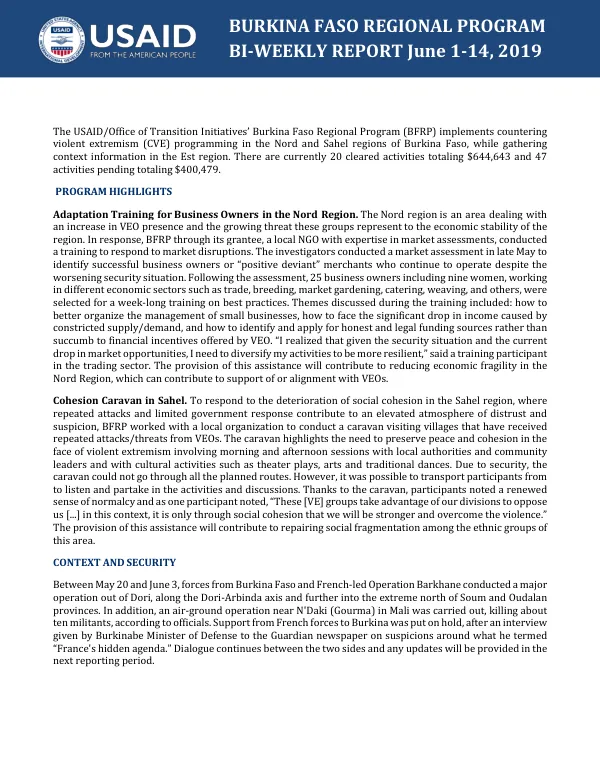 BURKINA FASO REGIONAL PROGRAM BI-WEEKLY REPORT April 20 May 03, 2019