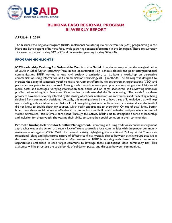 Burkina Faso Regional Program BI-WEEKLY REPORT
