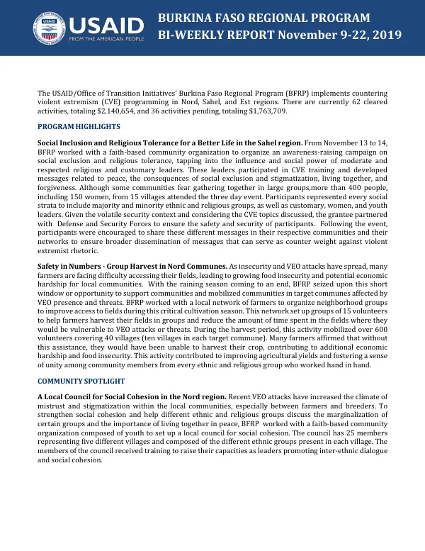 Burkina Faso Regional Program Bi-Weekly Report April 20 - May 03, 2019