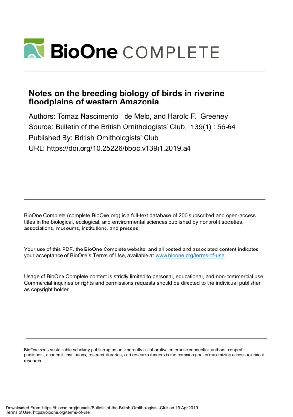 Notes on the breeding biology of birds in riverine floodplains of western Amazonia
