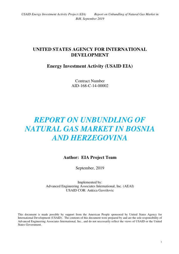 Report on Unbundling of Natural Gas Market in BiH, September 2019