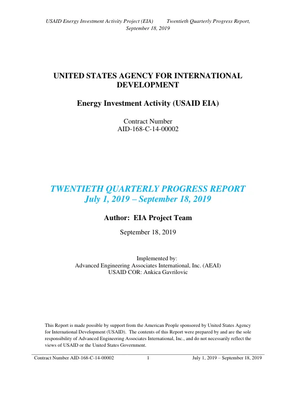 Twentieth Quarterly Progress Report: Energy Investment Activity Project (EIA) in Bosnia and Herzegovina