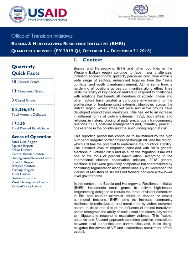 BOSNIA & HERZEGOVINA RESILIENCE INITIATIVE (BHRI) QUARTERLY REPORT (FY 2019 QI, OCTOBER 1 – DECEMBER 31 2018)