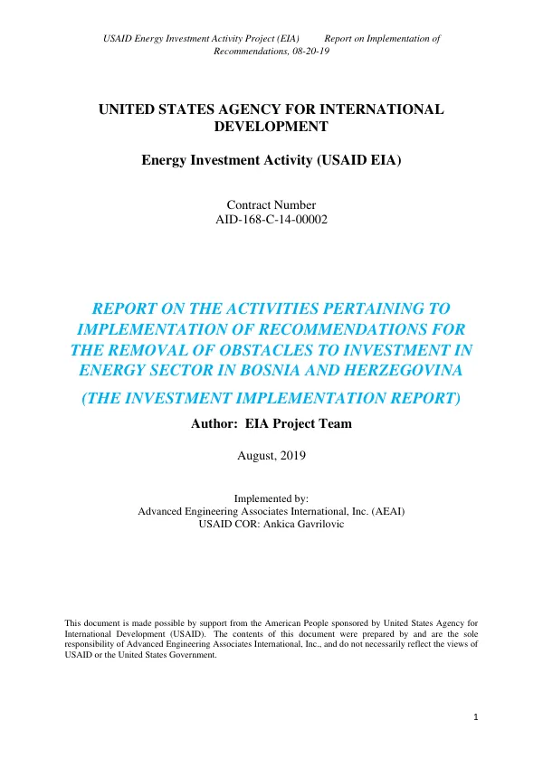 Report on Implementation of Recommendations for the Removal of Obstacles to Investment in Energy Sector in Bosnia and Herzegovina