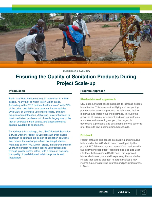 Sanitation Service Delivery Project (SSD) in Benin: Ensuring Quality of Sanitation Products During Project Scale-up