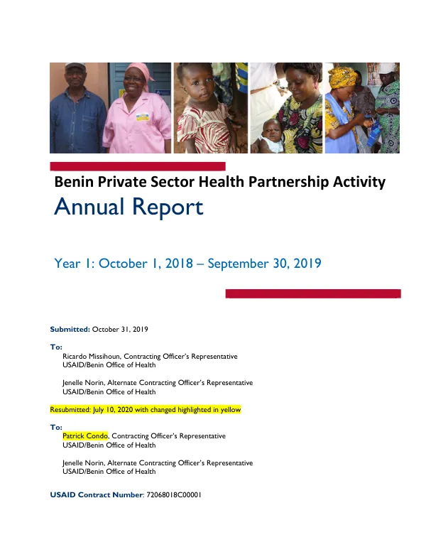 Annual Report: Benin Private Sector Health Partnership Activity
