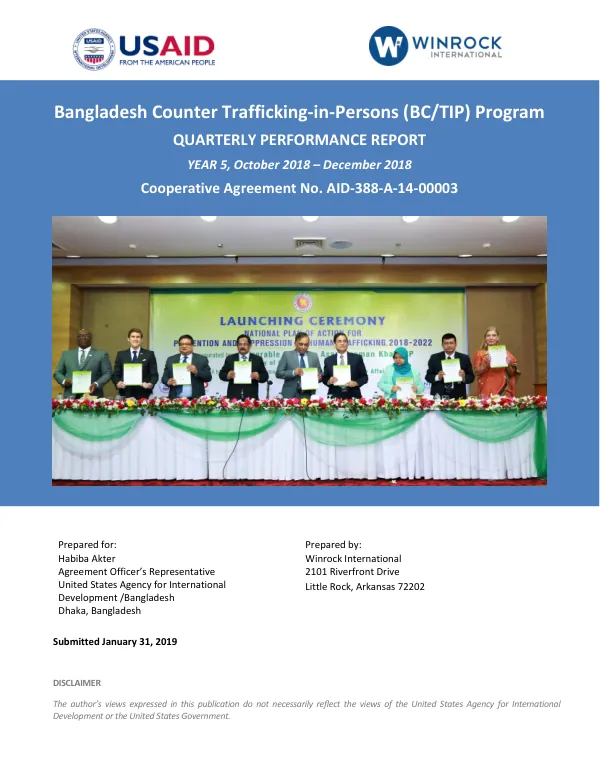 Bangladesh Counter Trafficking-in-Persons (BC/TIP) Program Quarterly Performance Report: Q1, Year 5