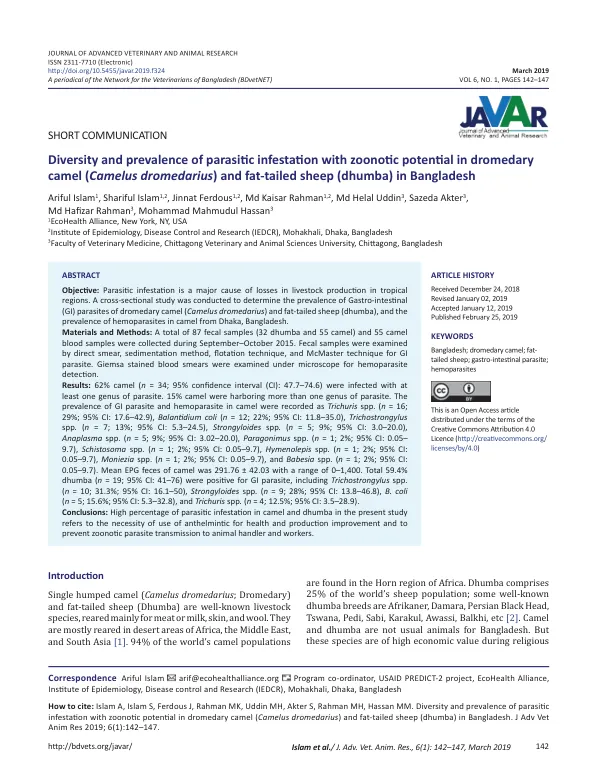 Diversity and prevalence of parasitic infestation with zoonotic potential in dromedary camel (Camelus dromedarius) and fat-tailed sheep (dhumba) in Bangladesh