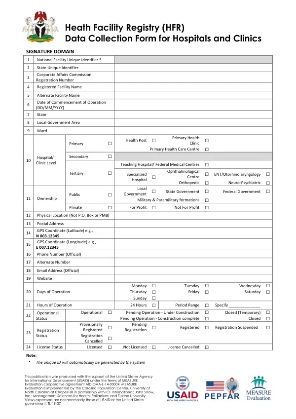 Heath Facility Registry (HFR) Data Collection Form for Hospitals and Clinics