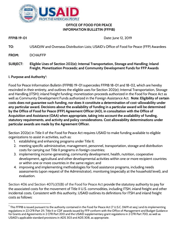 Eligible Uses of Section 202(e); Internal Transportation, Storage and Handling; Inland Freight, Monetization Proceeds; and Community Development Funds for FFP Awards