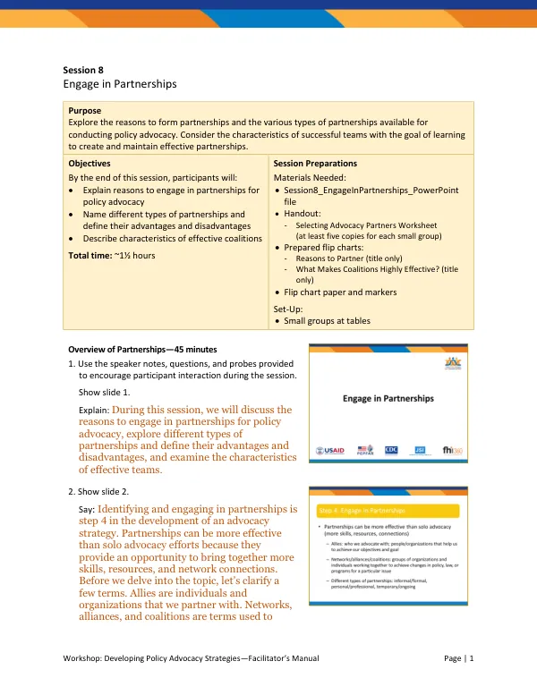 Workshop: Developing Policy Advocacy Strategies—Facilitator’s Manual