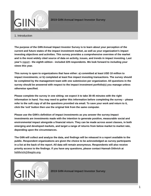 2019 GIIN Annual Impact Investor Survey