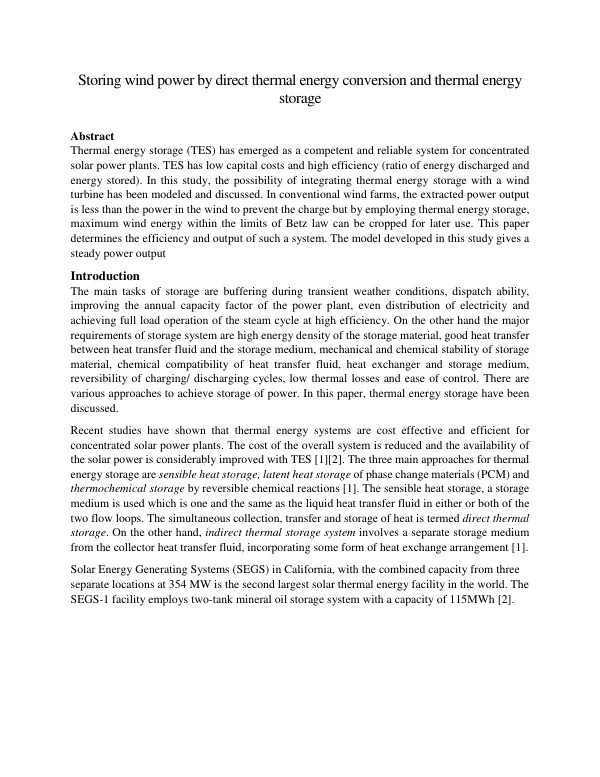 Storing wind power by direct thermal energy conversion and thermal energy storage