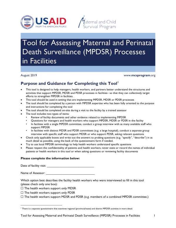 Tool for Assessing Maternal and Perinatal Death Surveillance (MPDSR) Processes in Facilities