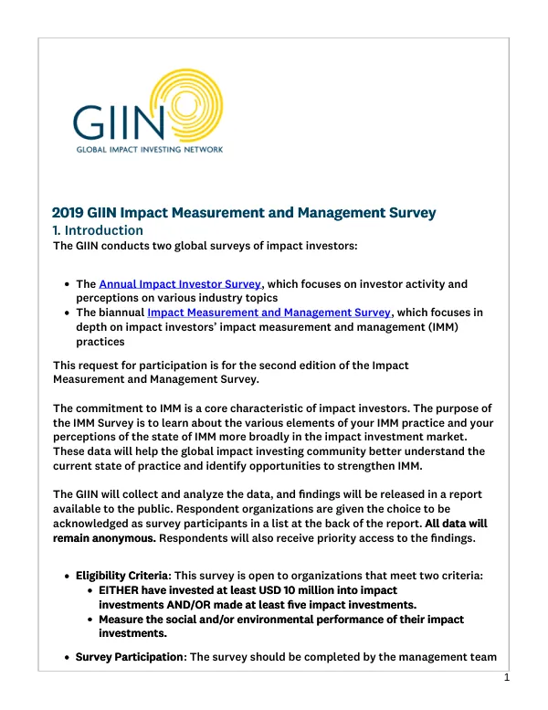 2019 GIIN Impact Measurement and Management Survey