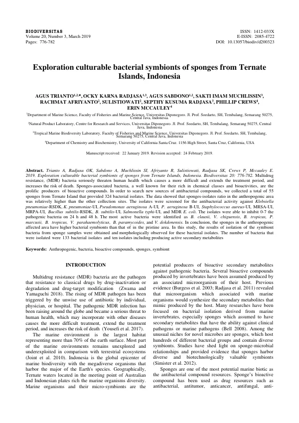 Exploration culturable bacterial symbionts of sponges from Ternate Islands, Indonesia