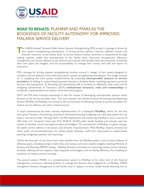 Road to Results: PlanRep and FFARS as the Bookends of Facility Autonomy for Improved Malaria Service Delivery