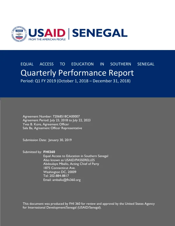 Quarterly Performance Report: Equal Access to Education in Southern Senegal