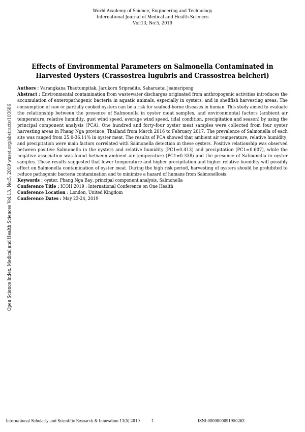 Effects of Environmental Parameters on Salmonella Contaminated in Harvested Oysters