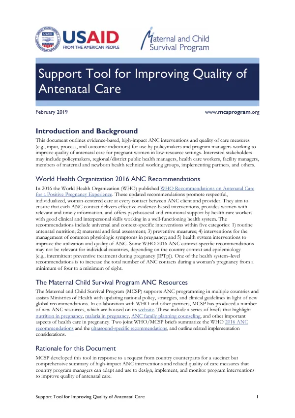 Support Tool for Improving Quality of Antenatal Care