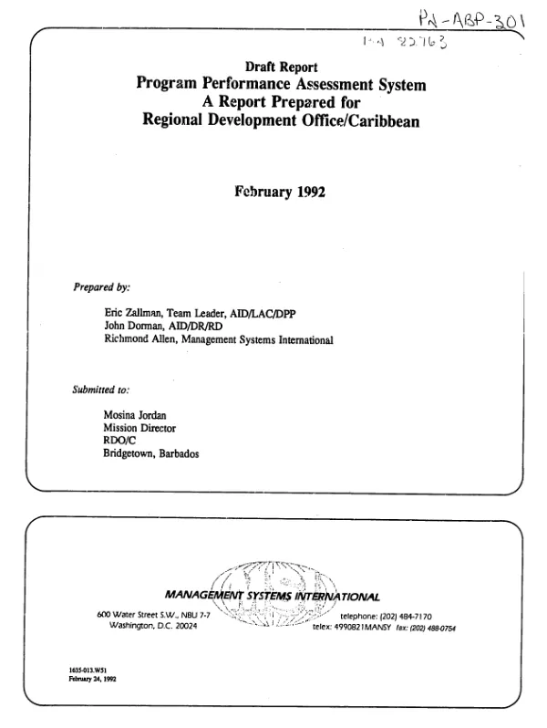 Program performance assessment system : a report prepared for Regional Development Office/Caribbean