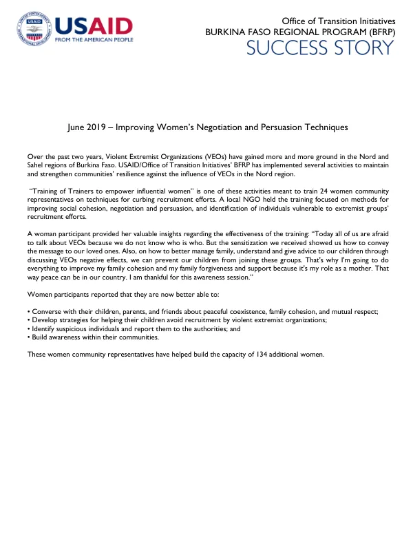 USAID/OTI BURKINA FASO REGIONAL PROGRAM (BFRP) Improving Women’s Negotiation and Persuasion Techniques