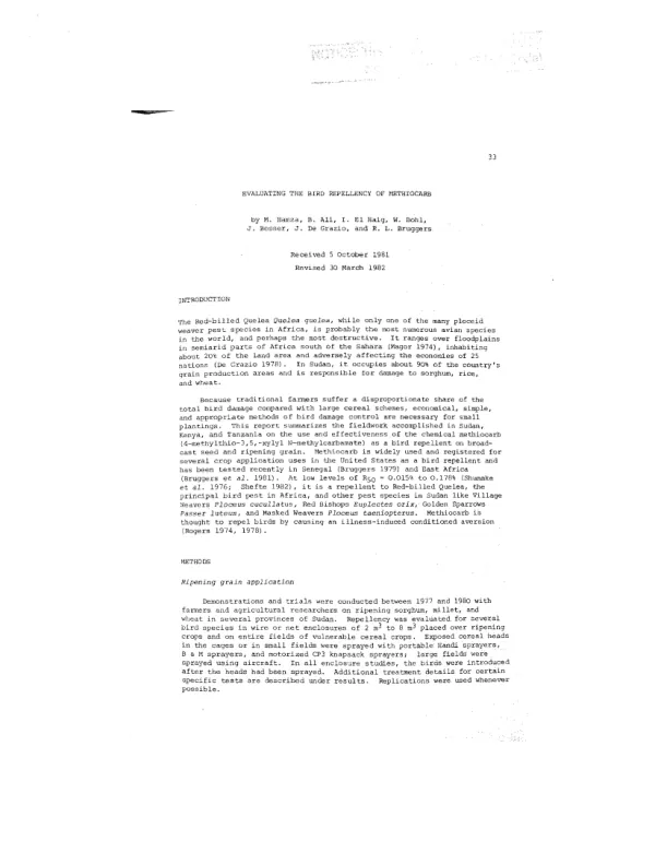 EVALUATING THE BIRD REPELLENCY OF METHIOCARB