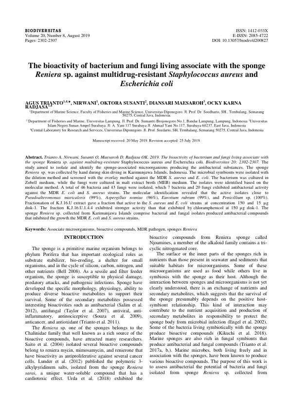 The bioactivity of bacterium and fungi living associate with the sponge Reniera sp. against multidrug-resistant Staphylococcus aureus and Escherichia coli