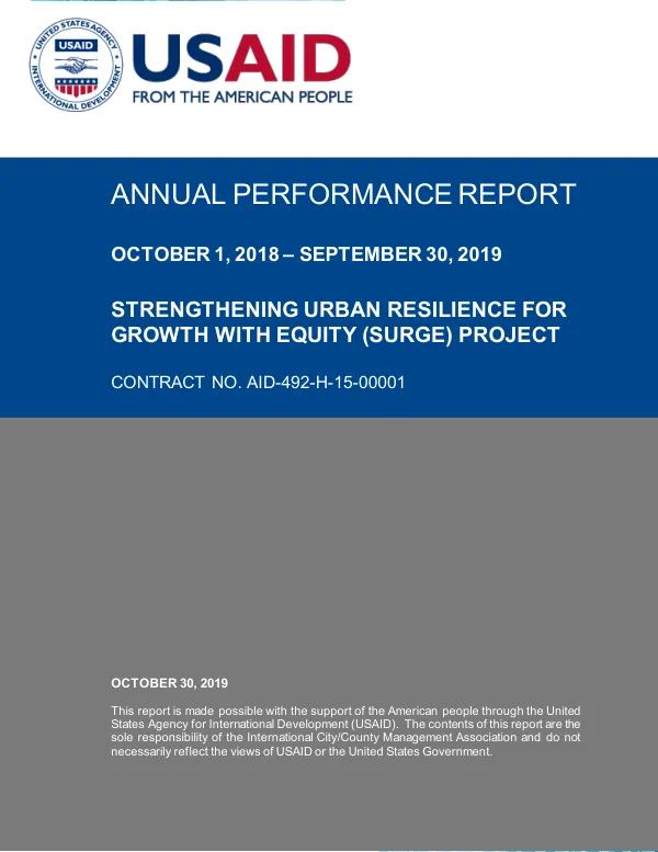 Annual Performance Report, October 1, 2018 – September 30, 2019: Strengthening Urban Resilience for Growth with Equity (SURGE) Project