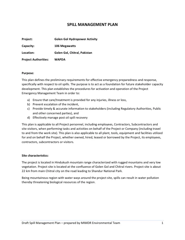 Draft Spill Management Plan for Golen Gol Hydropower Activity