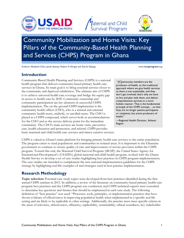 Community Mobilization and Home Visits: Key Pillars of the Community-Based Health Planning and Services (CHPS) Program in Ghana