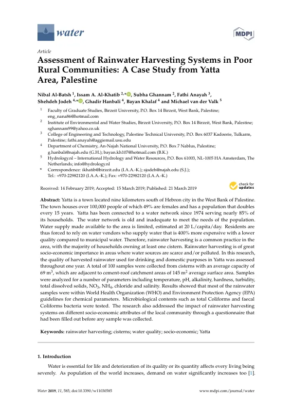 Assessment of Rainwater Harvesting Systems in Poor Rural Communities: A Case Study from Yatta Area, Palestine