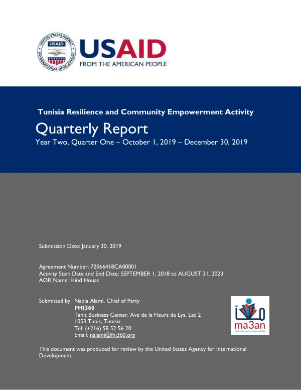Tunisia Resilience and Community Empowerment Activity Quarterly Report Year Two, Quarter One – October 1, 2019 – December 30, 2019