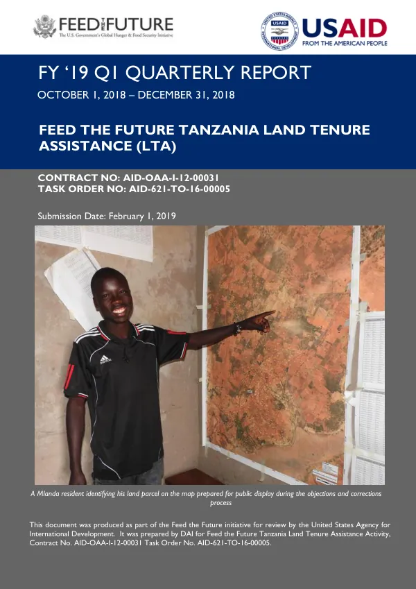 FY ‘19 Q1 Quarterly Report: Feed the Future Tanzania Land Tenure Assistance (LTA)