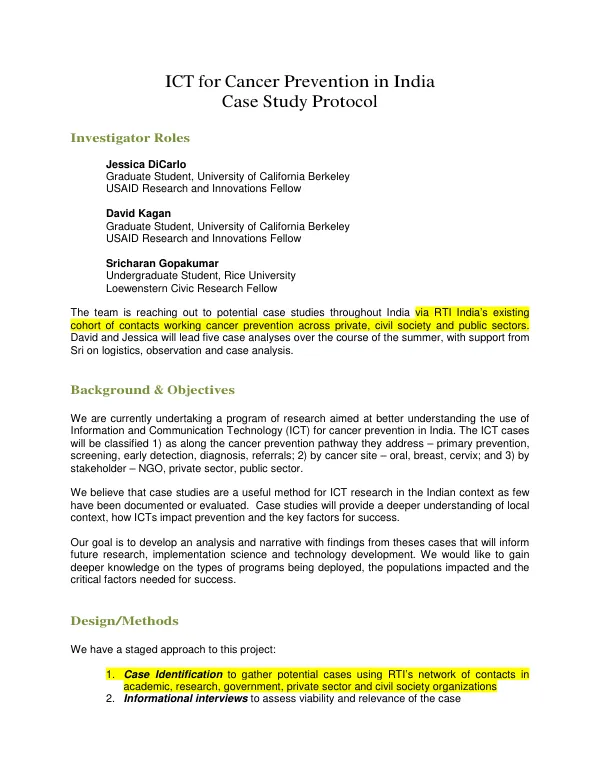 ICT for Cancer Prevention in India Case Study Protocol