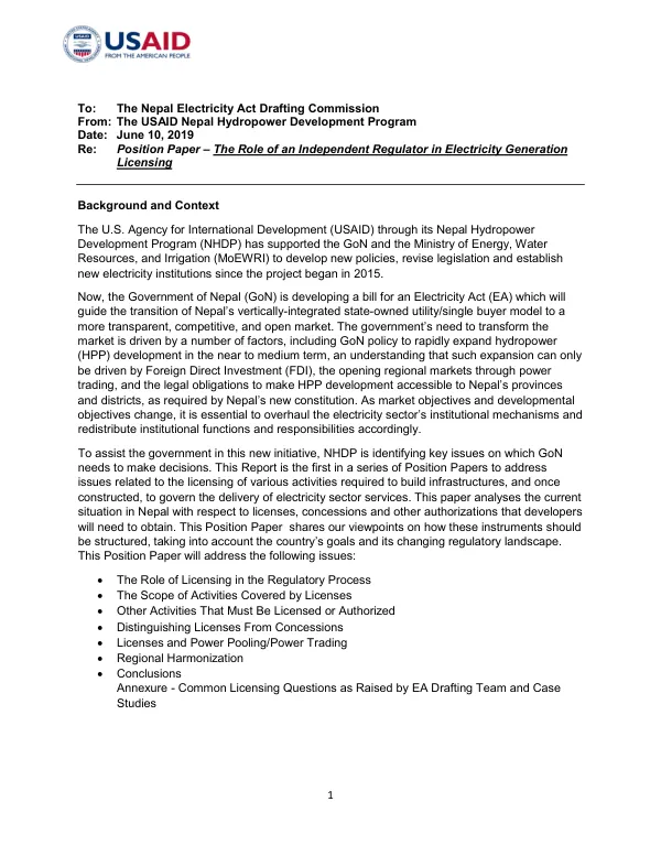 Position Paper – The Role of an Independent Regulator in Electricity Generation Licensing