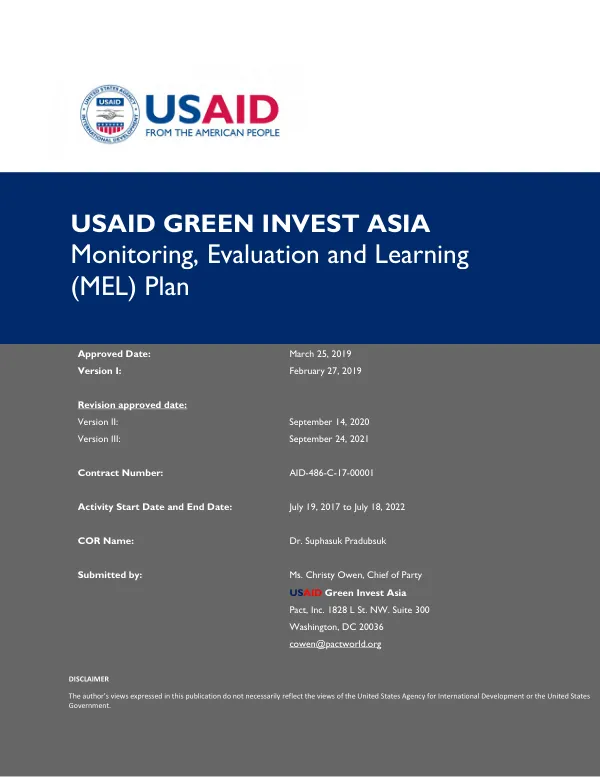 USAID Green Invest Asia MEL Plan Update 2020